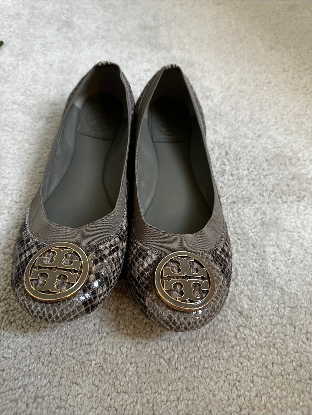 Tory Burch Taupe Snake-Print Logo Ballet Flats